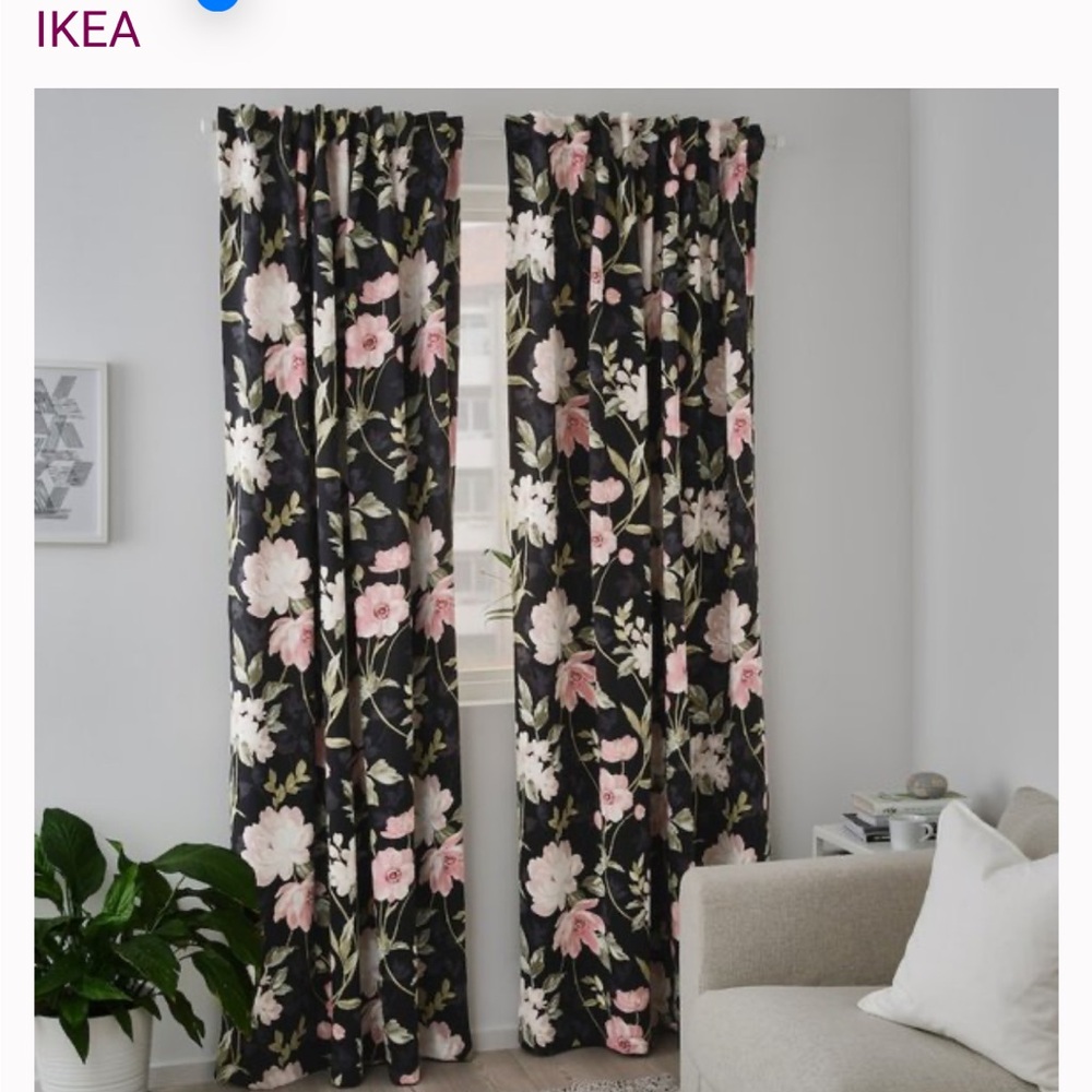 IKEA ROSENMOTT Blackout Curtains 1 Pair Black/floral Patterned 57x98"